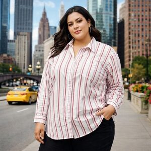 In Every Story Red & White Striped Cotton Blend Button Down Top